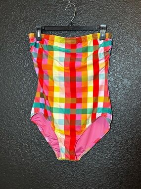 Kate Spade Garden Plaid Multicolor Strapless One-Piece Swimsuit size large